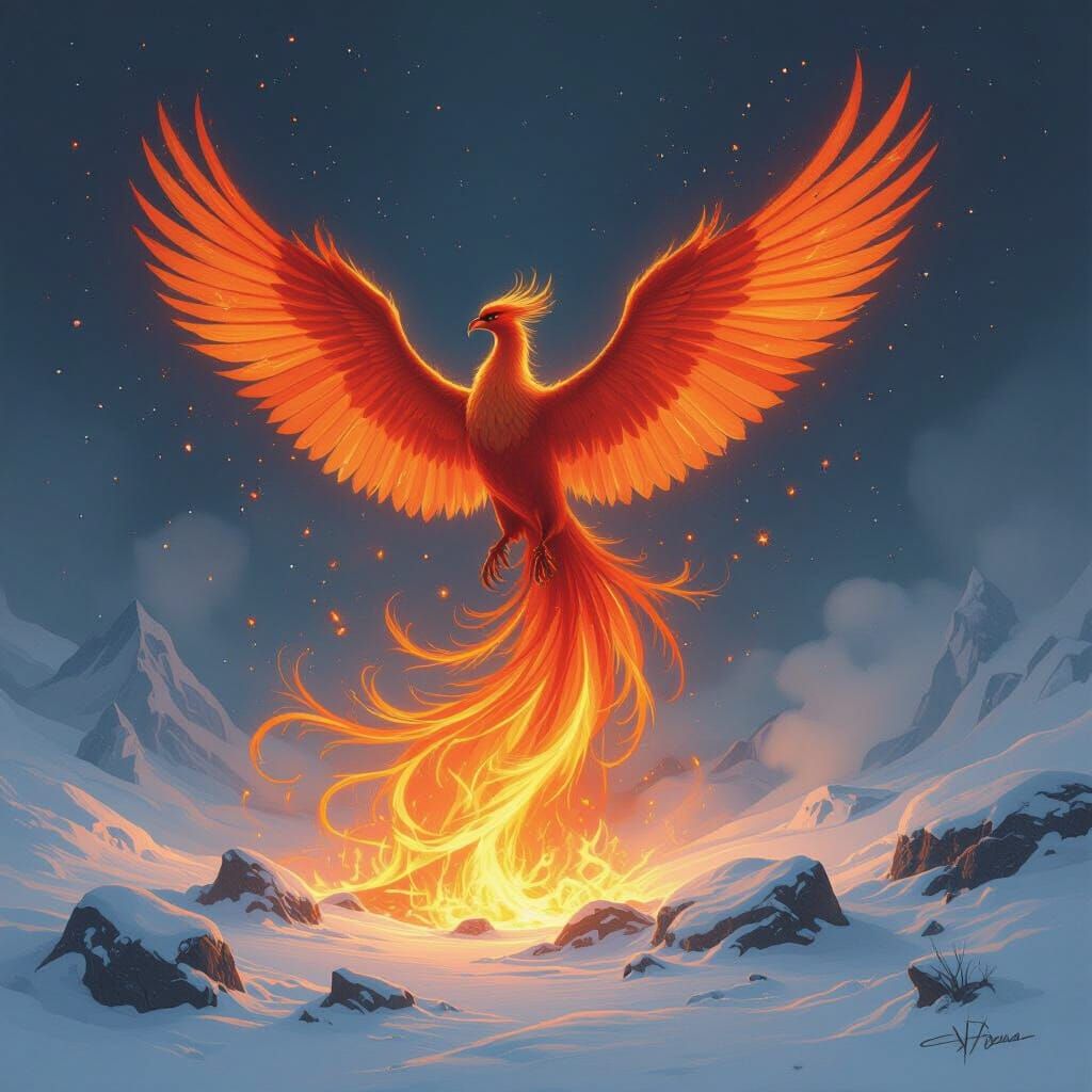 Phoenix Rising in Fire and Snowscape