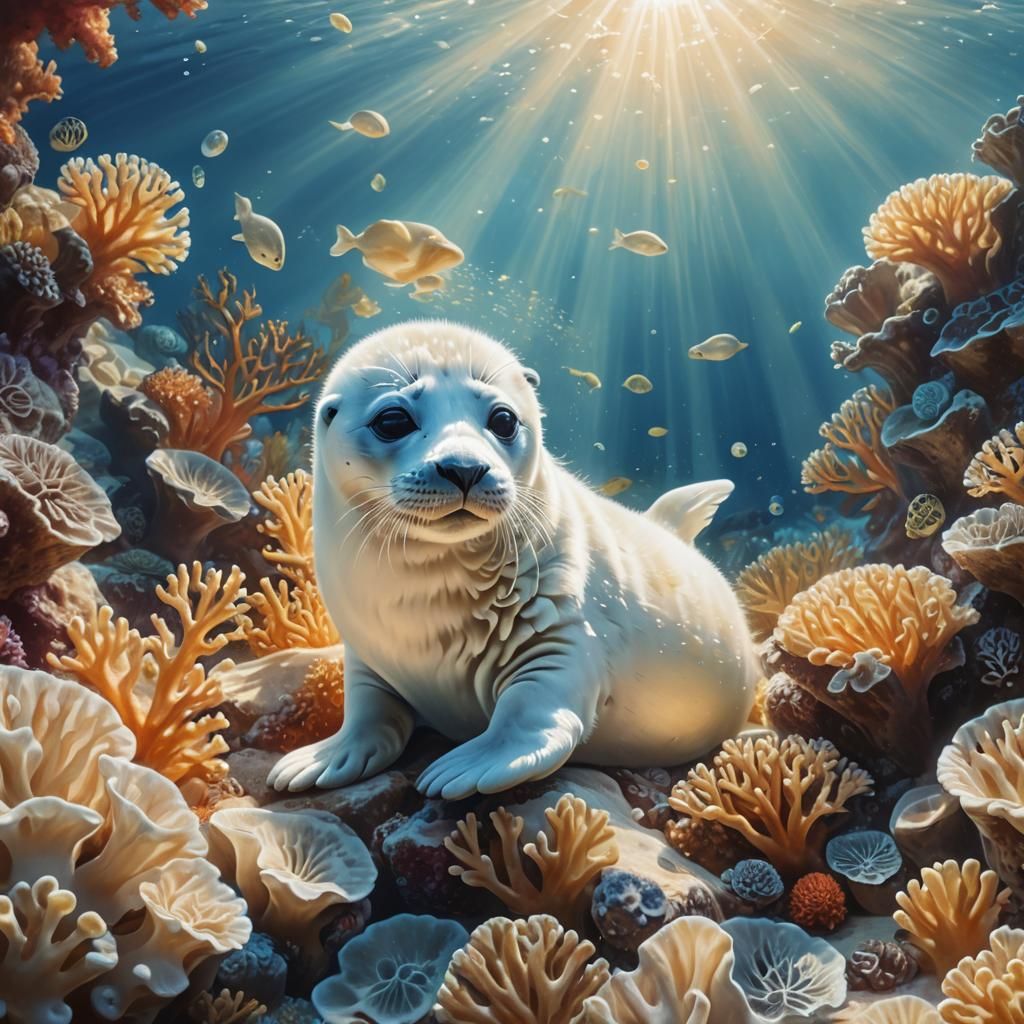 Fluffy Seal Pup on Heart Reef: Oil Painting