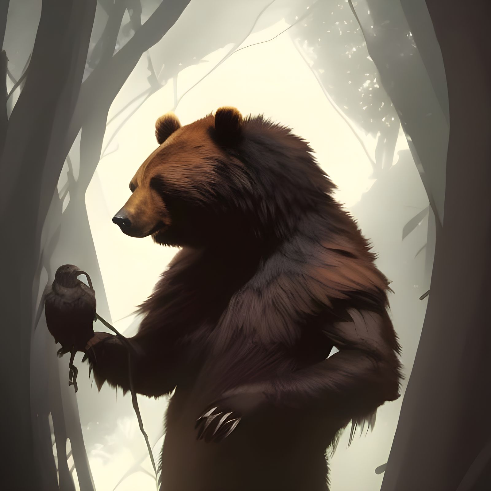Bear and Crow Hybrid Portrait in Gouache Style