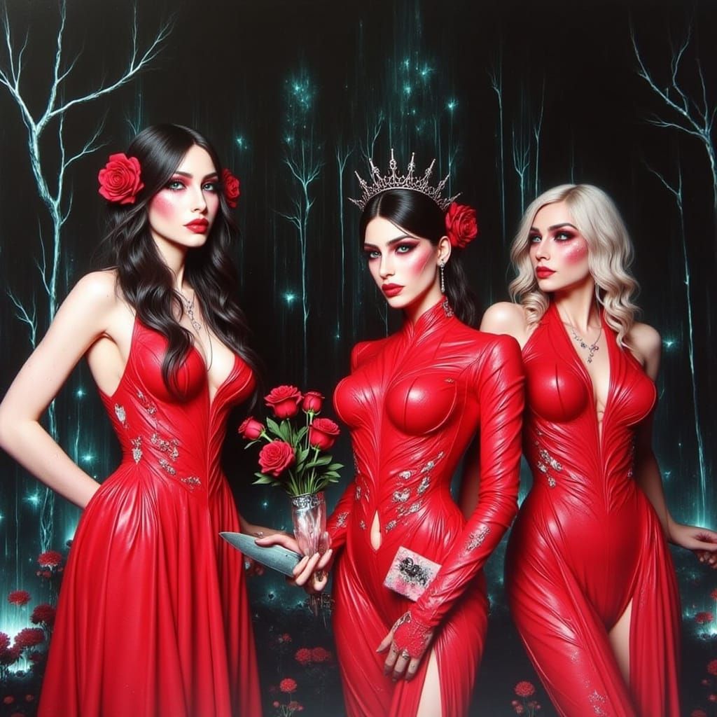 Surrealist Queens in Macabre Garden Oil Painting