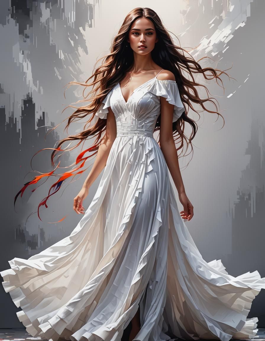 Pixelated Woman in White Dress: Digital Art Portrait