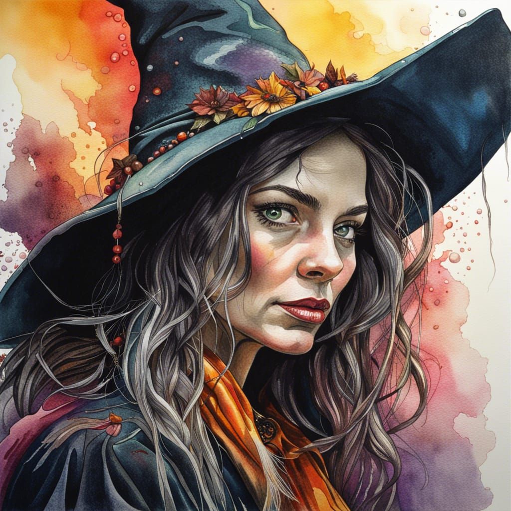Bewitching Witch Portrait in Watercolor Style