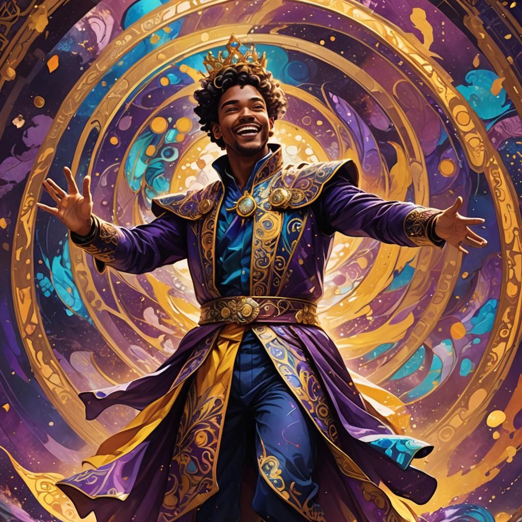 Energetic Man in Ornate Costume Amidst Colors