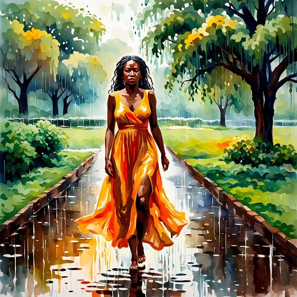 Crying Woman in Rain, Gouache Watercolor Style