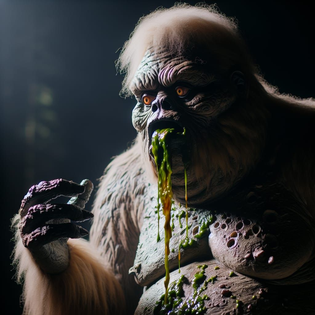 Demented Fatsquatch Vomiting Slime in Dark Comedy/Horror