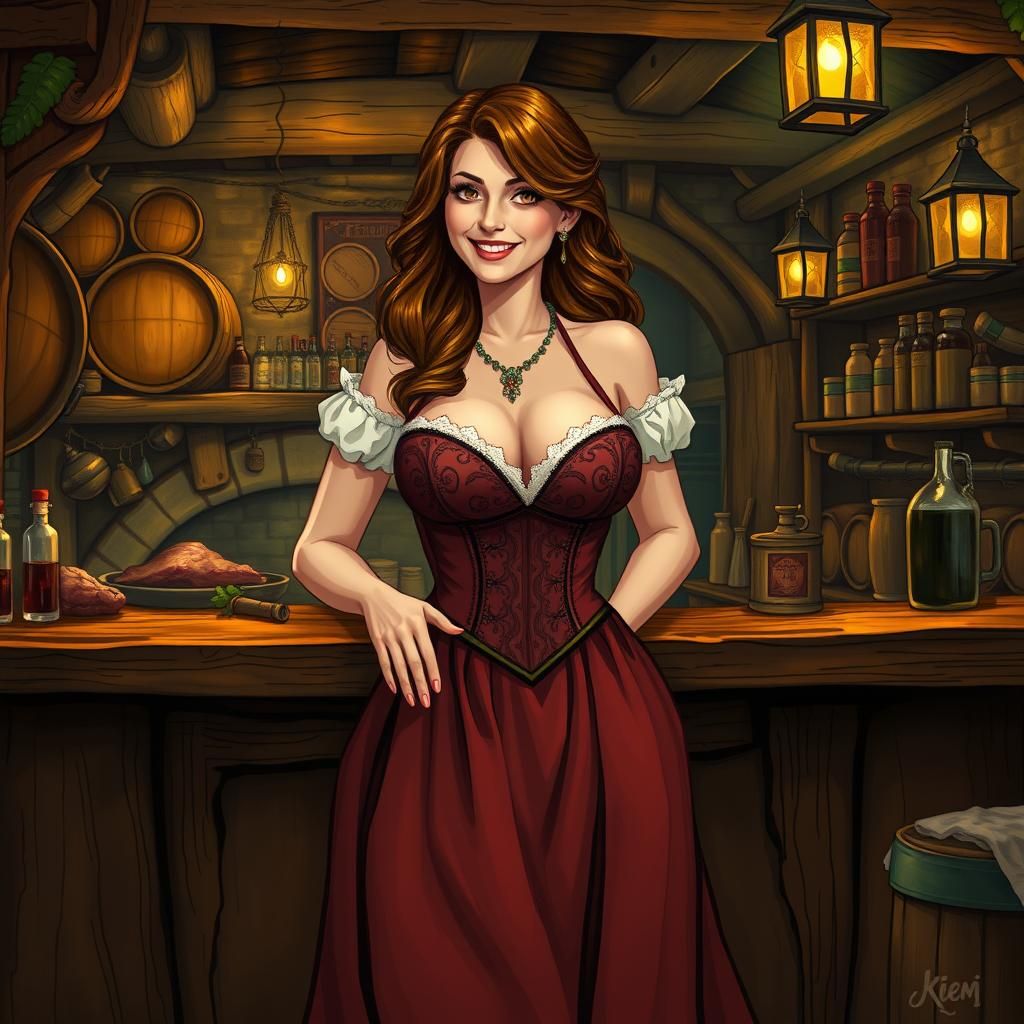 Medieval Barmaid in Pub: Vibrant Illustration