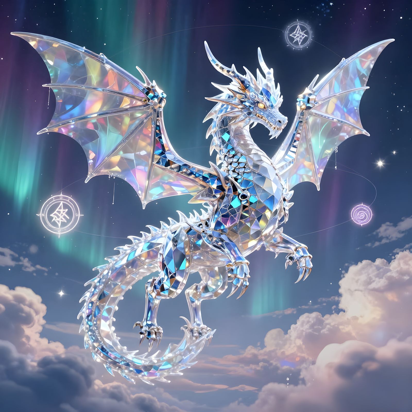 Crystalline Dragon in Aurora Sky, Dripping Stardust