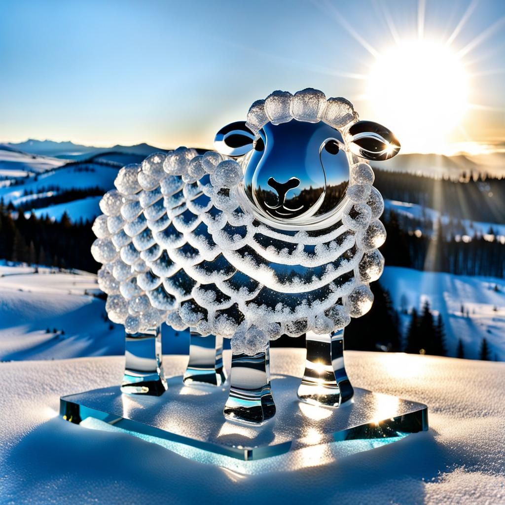 Glistening Ice Sculpture of Wooly Irish Sheep
