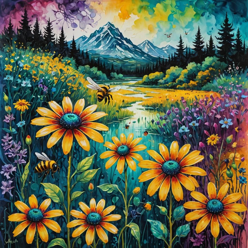 Psychedelic Gothic Bee in Mixed Media Style