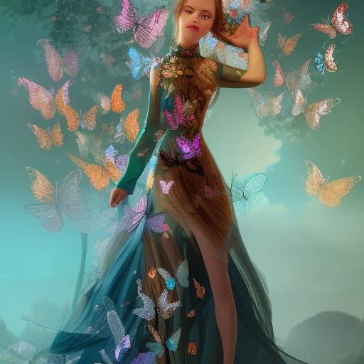 Girl in Flower Dress with Butterflies: Detailed Matte Painti...