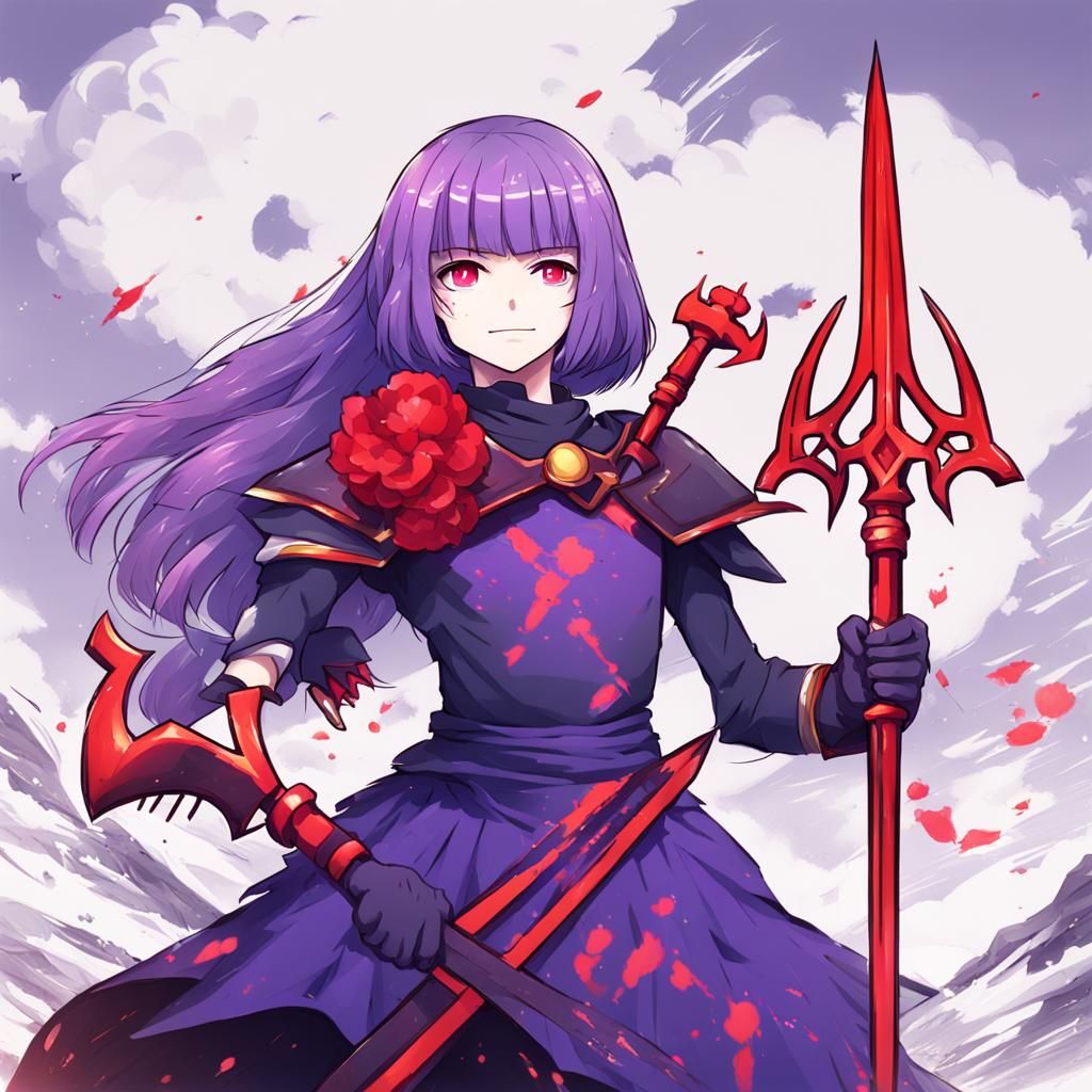 Anime Queen with Red Trident and Purple Hair