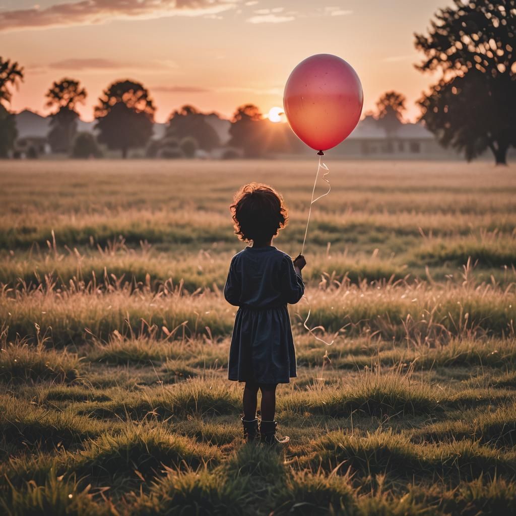 Child Silhouette with Balloon at Sunset