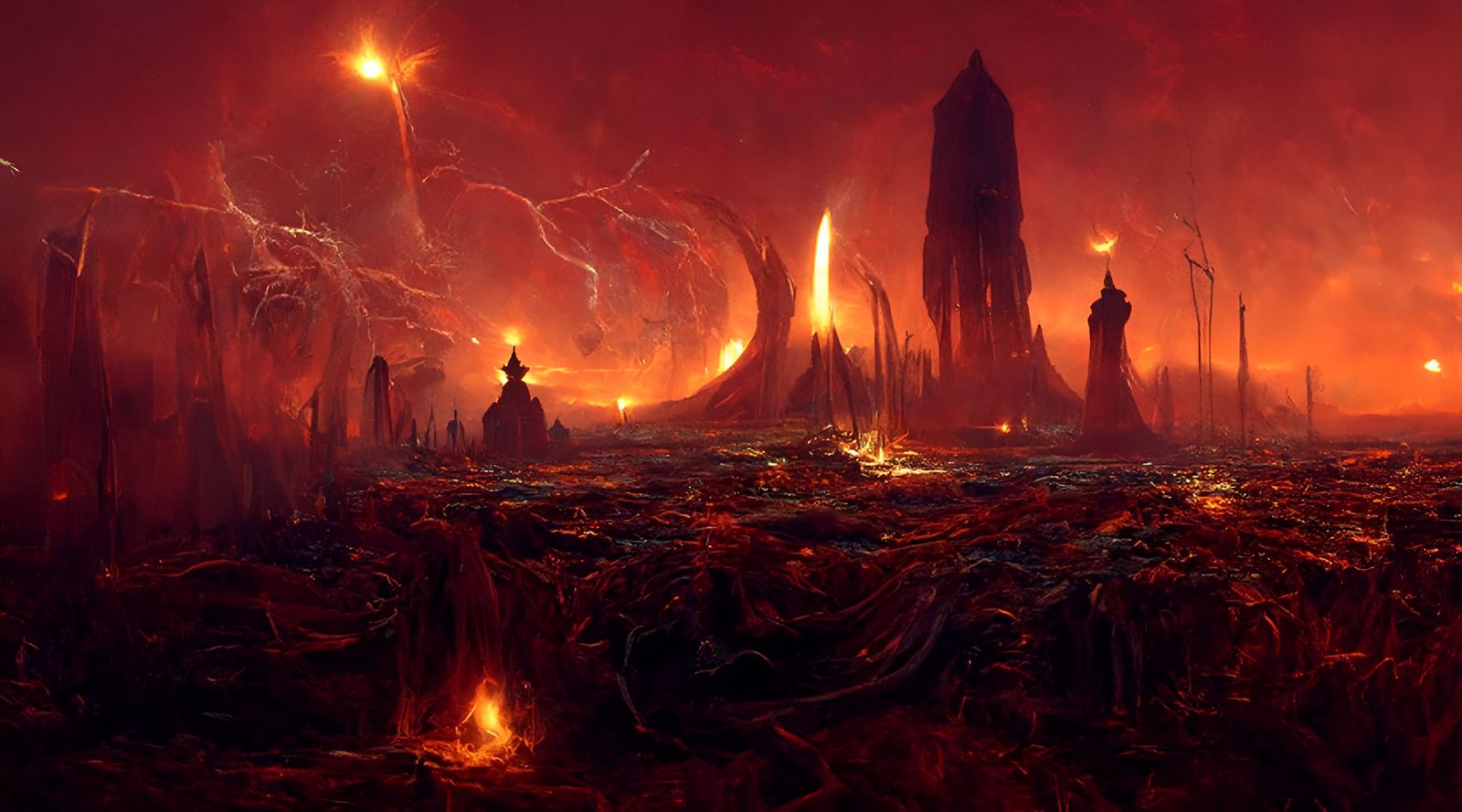 Fiery Sci-Fi Ruins on Alien World in Expressionism Style