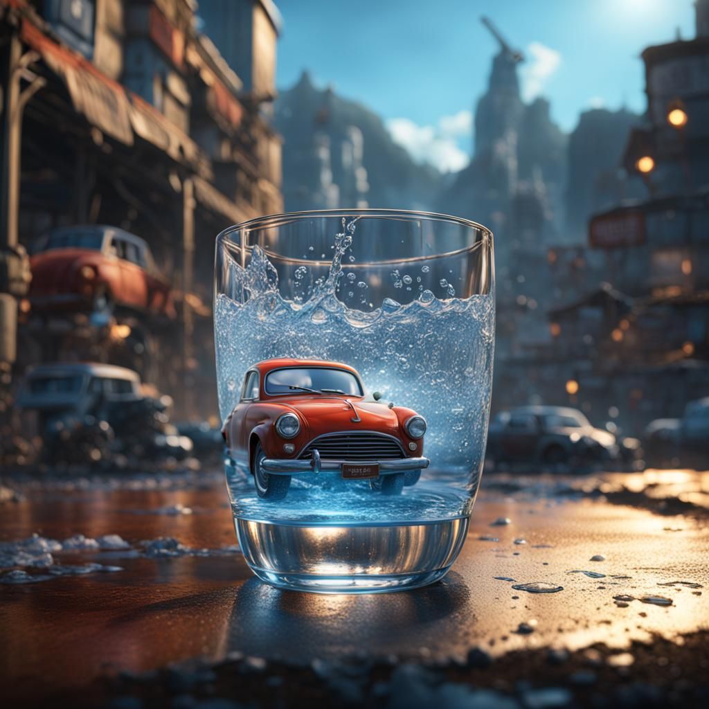 Cars in Glass of Water: Detailed Fantasy Art
