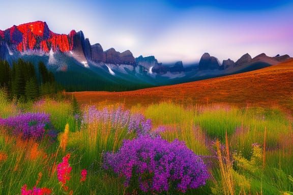 Subject: A beautiful mountain landscape with waterfalls and wildflowers and a cozy cabin