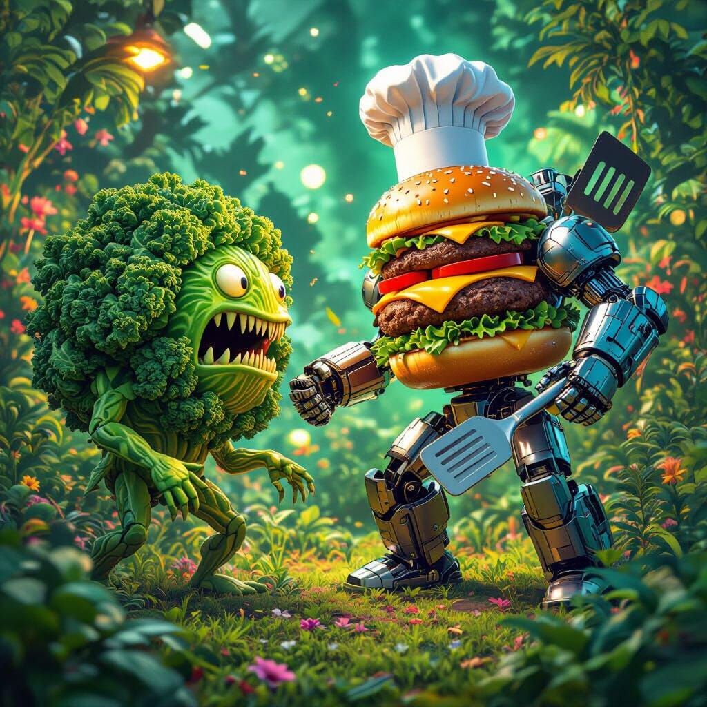 Cheeseburger Warrior Battles Kale Creature in Biomechanical ...