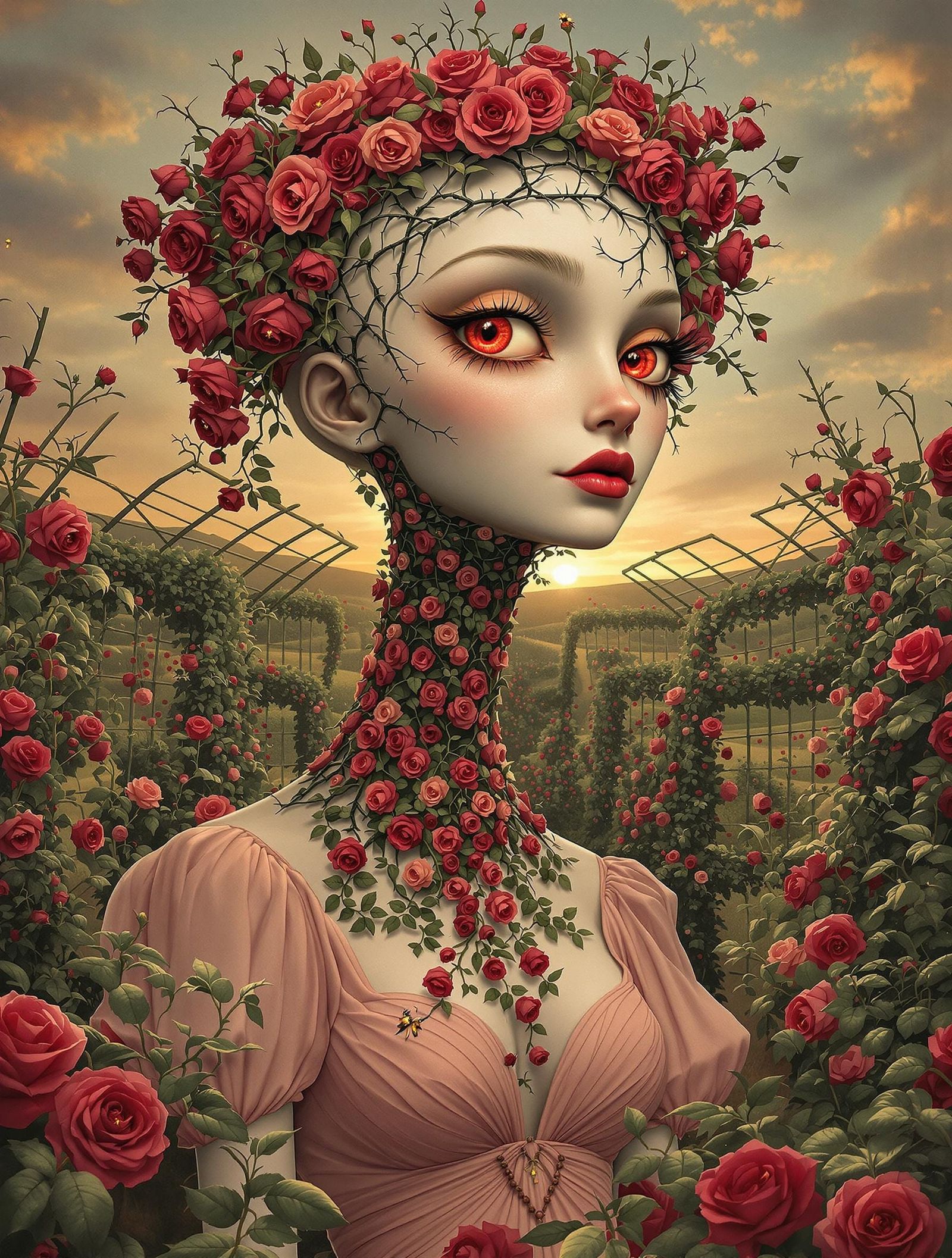 Surreal Rose Maiden Portrait with Art Nouveau Flourishes