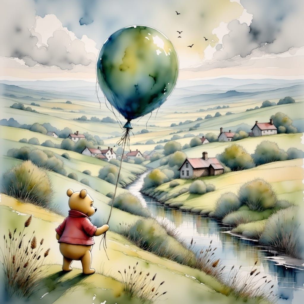 <lora:Ink Poet:1.0>A wash watercolor painting of an old classic Winnie the Pooh standing on a hill. They are holding a l...