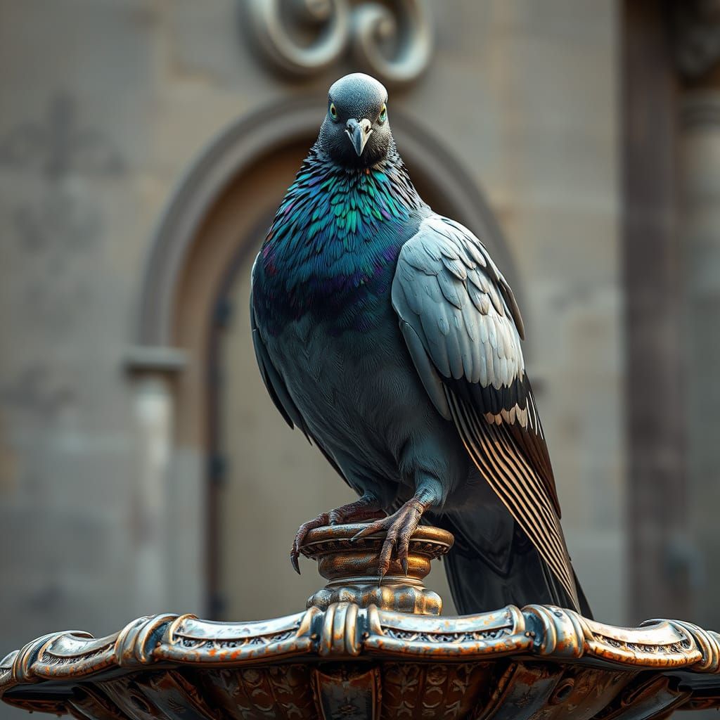 Magnificent Metal Pigeon Amidst Decaying Fountain