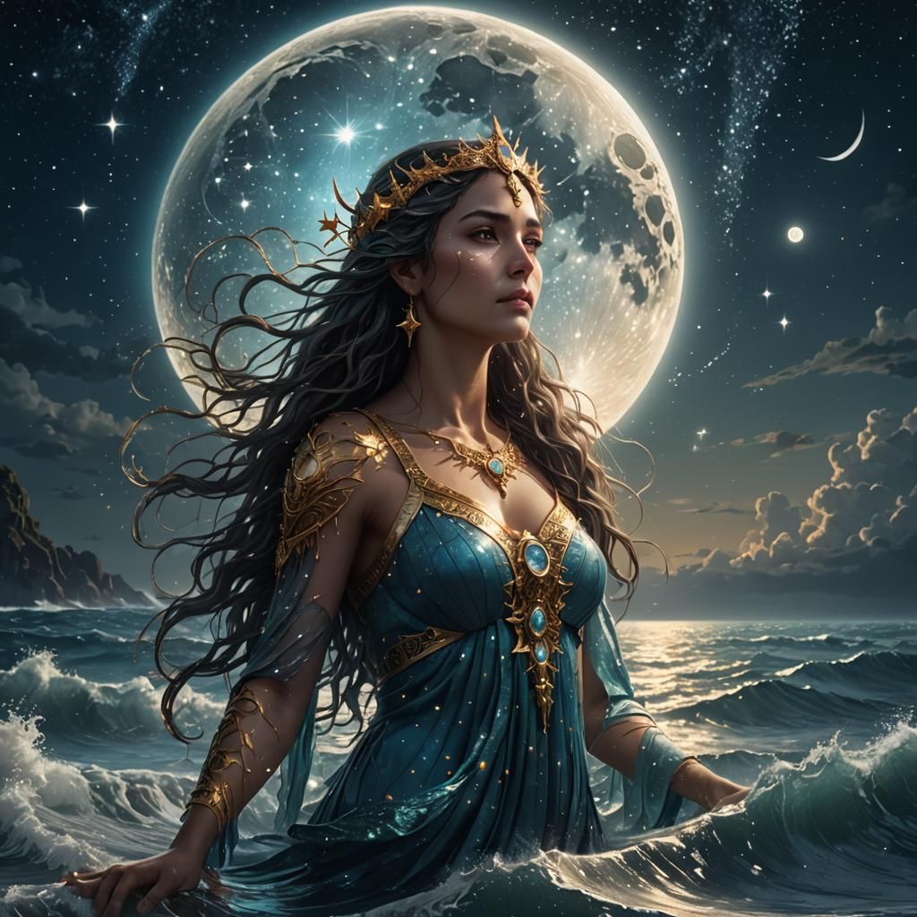Celestial Water Goddess in Moonlit Ocean