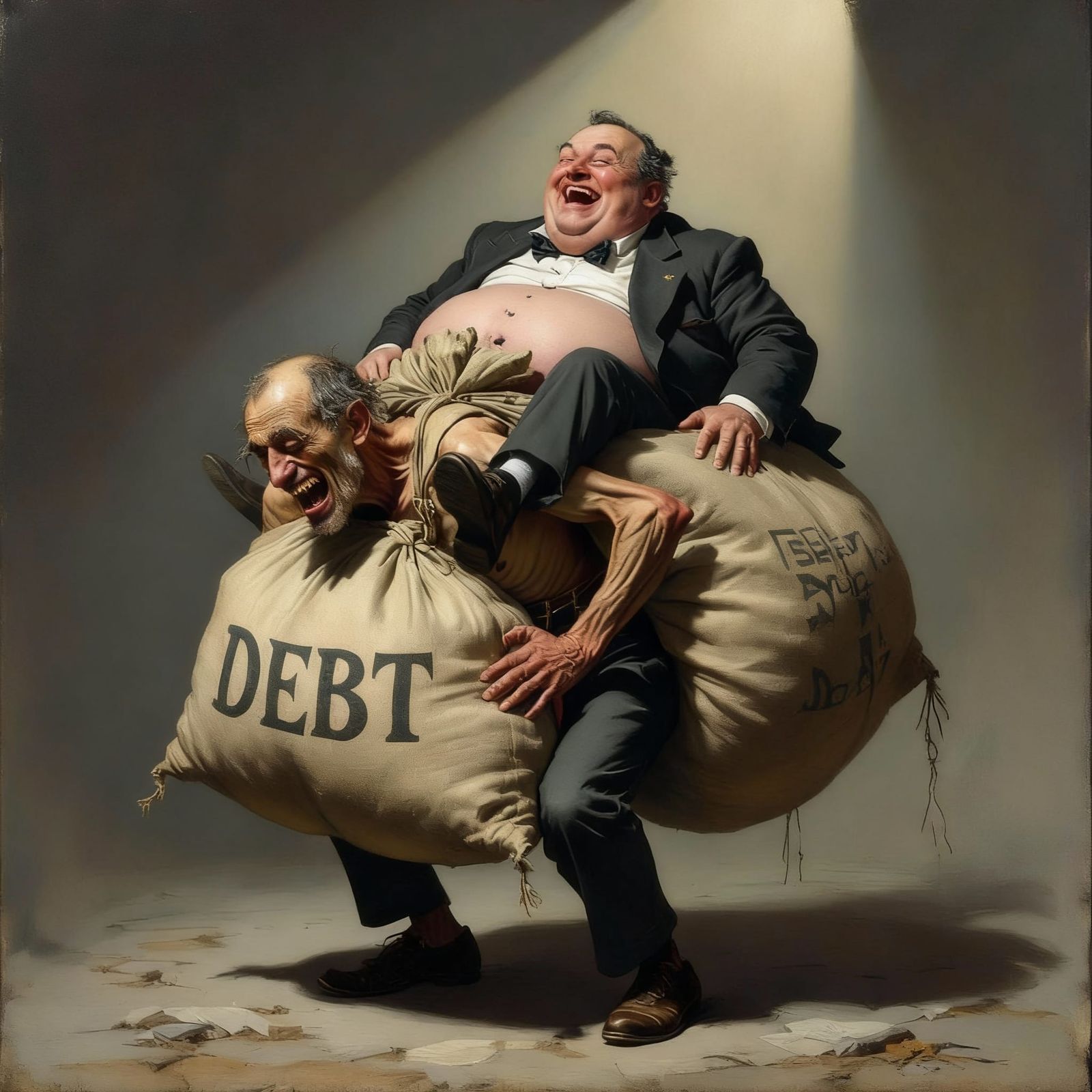 Fat Man Laughs While Riding Debt-Laden Skinny Man