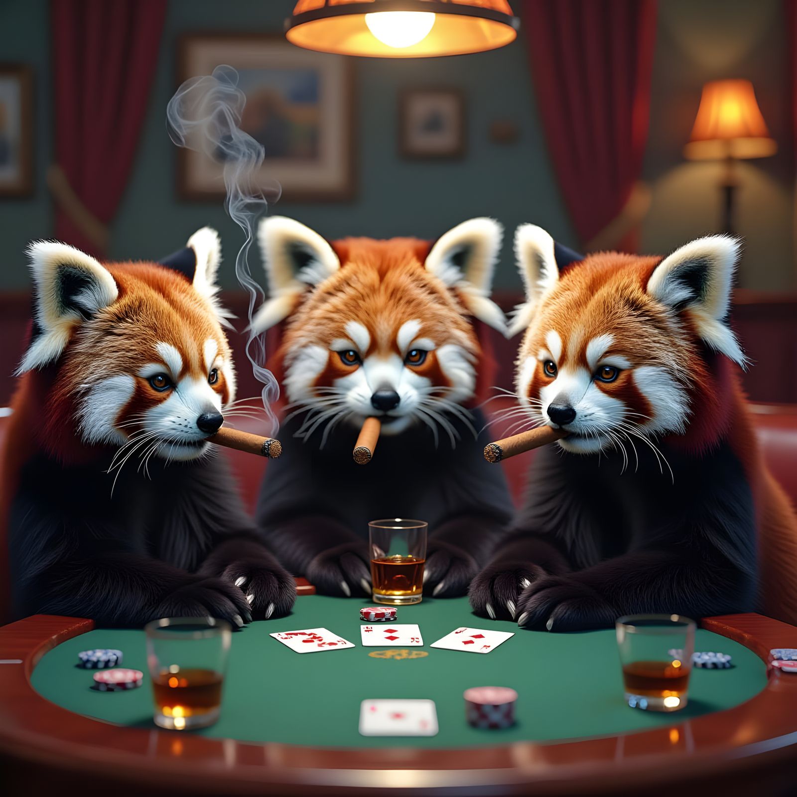 Red Pandas Play Poker with Whiskey and Cigars