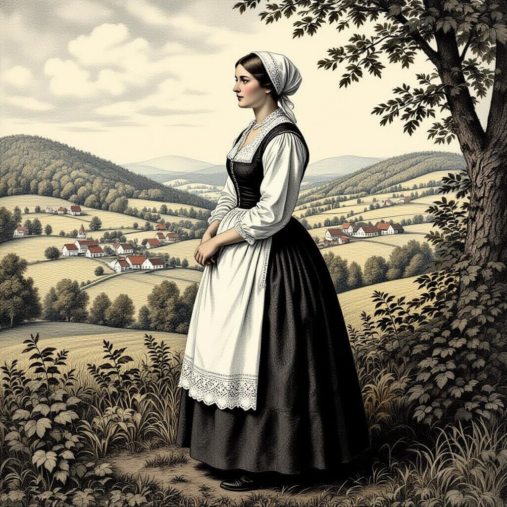 18th Century Swiss Mennonite Woman in Detailed Engraving Sty...