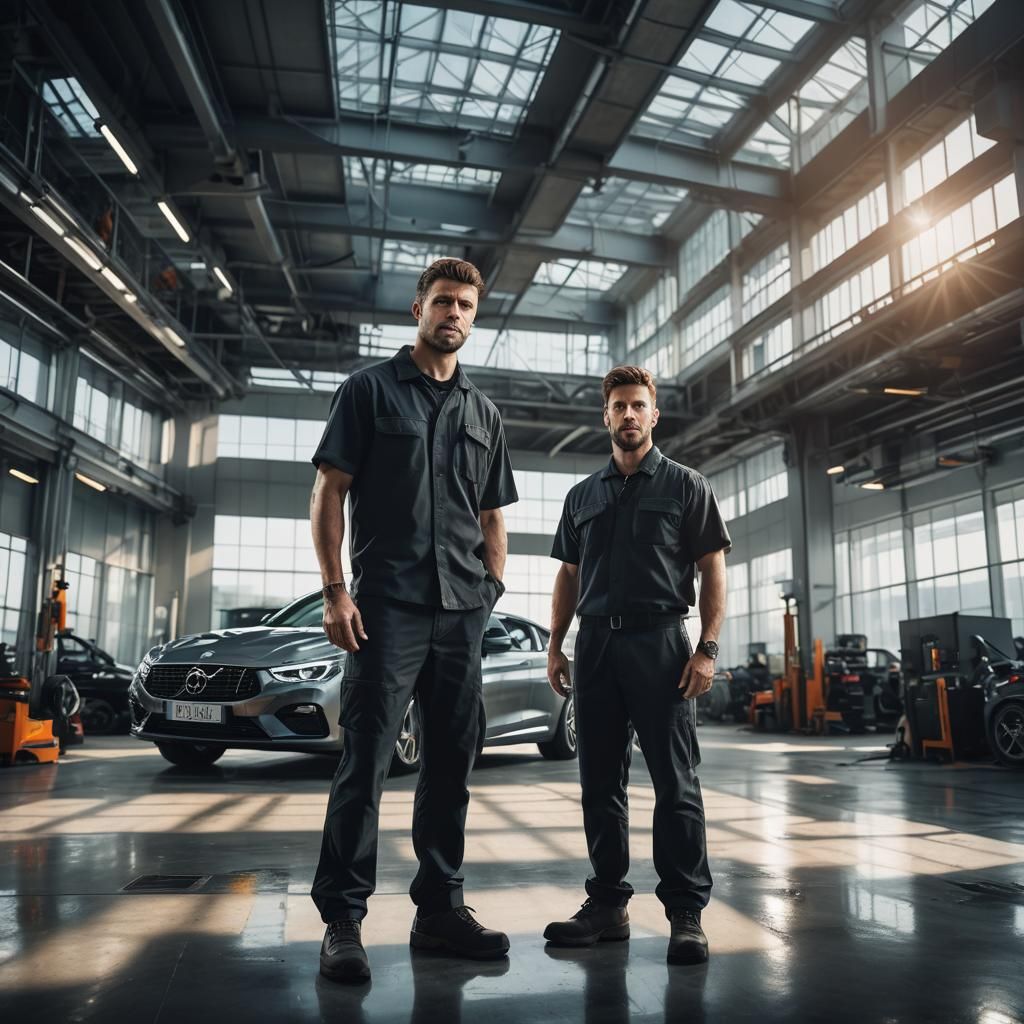 Confident Car Mechanic in Sleek, Hyperrealistic Architecture