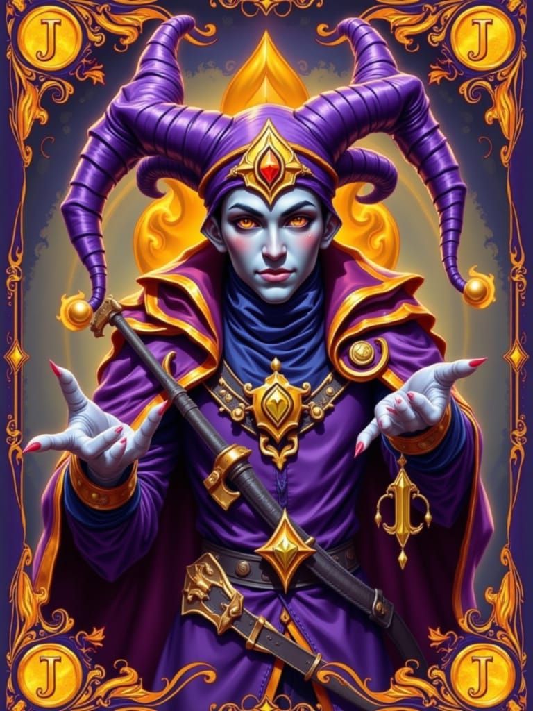 Jolly Purple and Orange Jester Playing Card Art