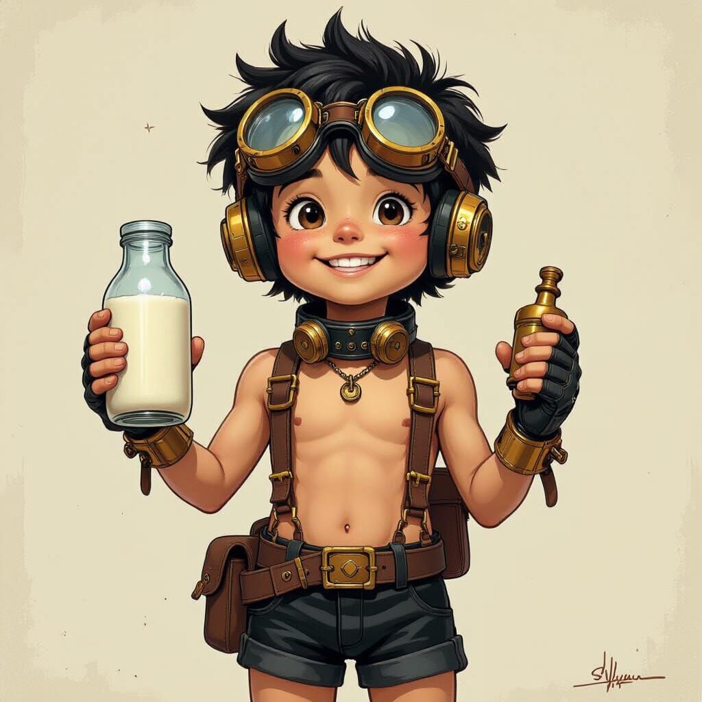 Steampunk Boy with Goggles and Milk Bottle