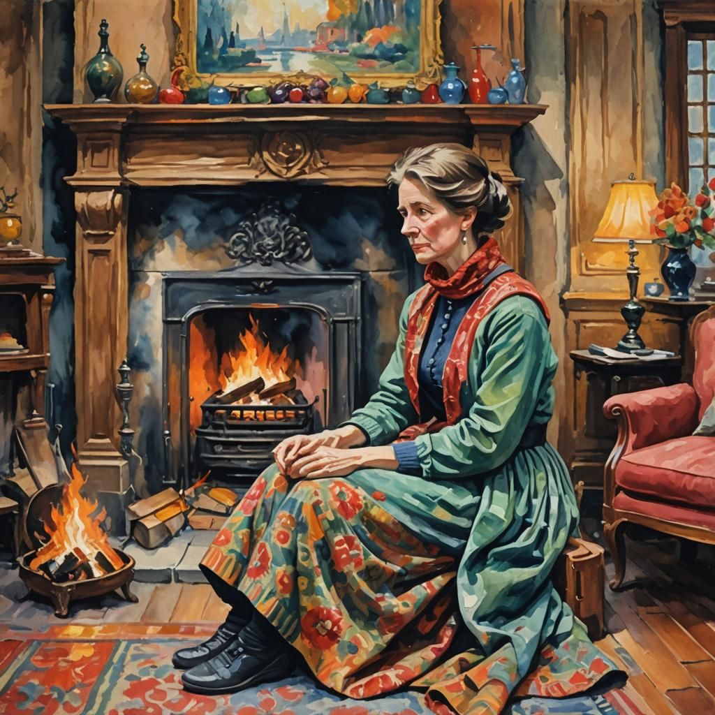 Lady by Fireplace in Gouache Impressionist Style