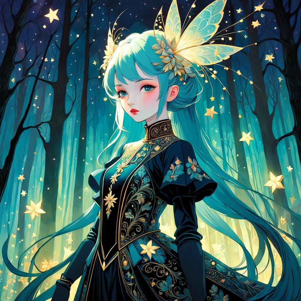 Magical mistress of the forest made up of millions of glittering stars by Harry Clarke, Agnes Cecile, Erte, and Richard ...