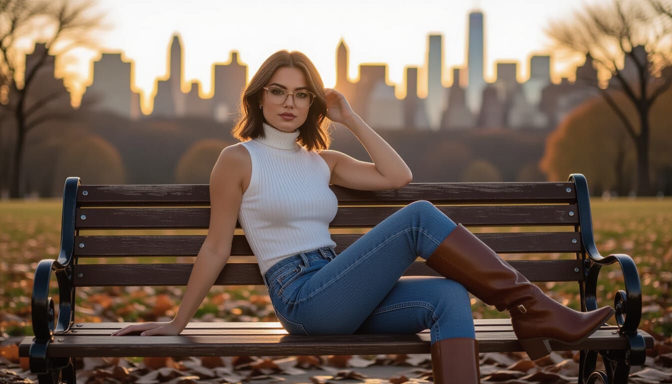 Confident Brunette in Central Park: High-Contrast Bokeh Port...