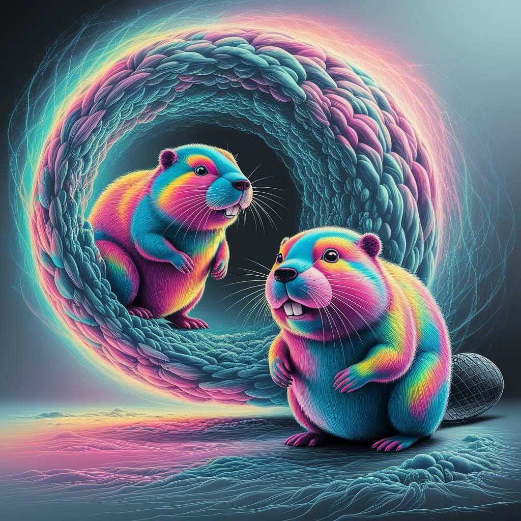 Vibrant Quantum Beavers in Whirling Pencil Sketch