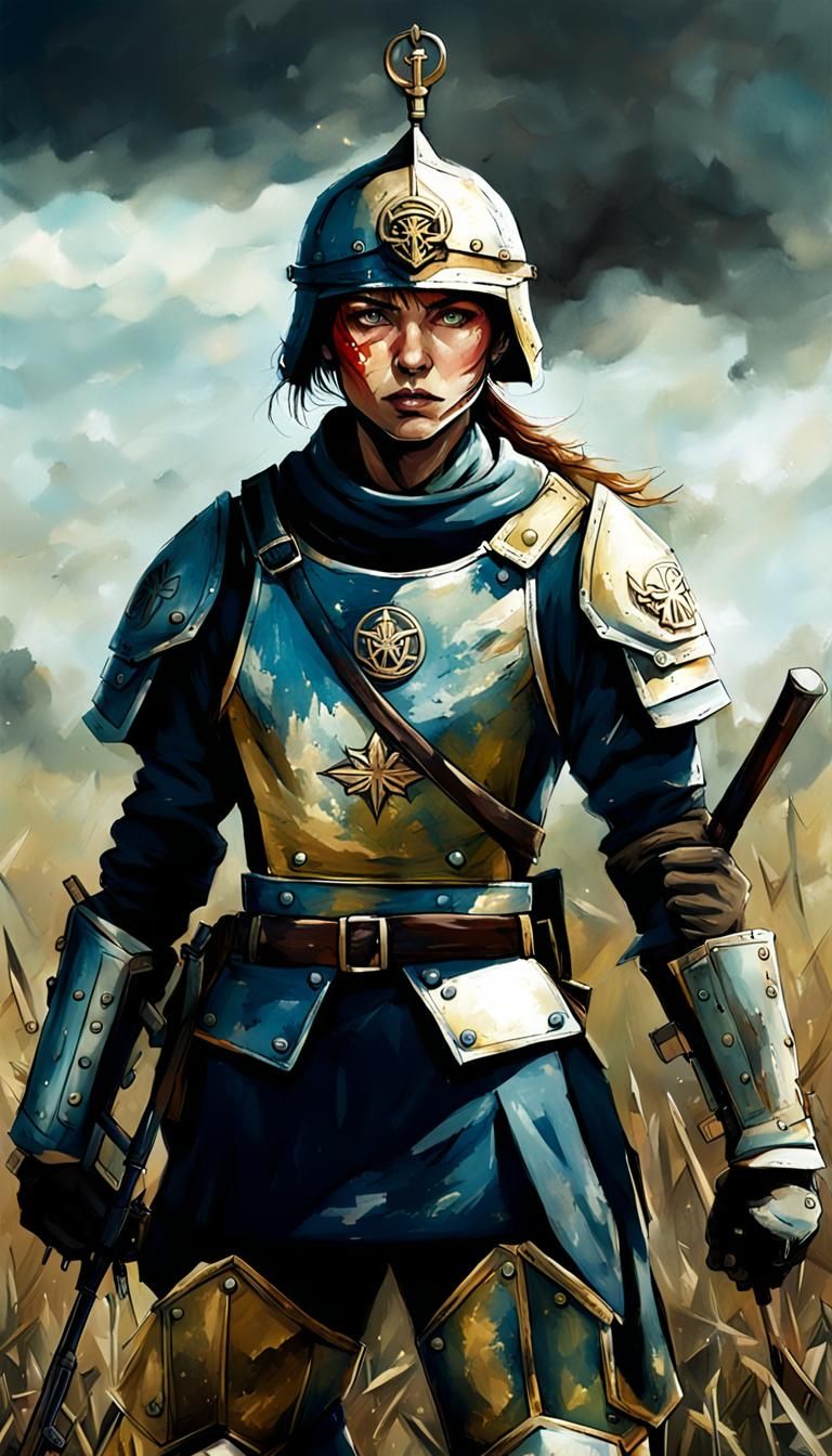 Valiant Warrior Faces Viewer on Battlefield