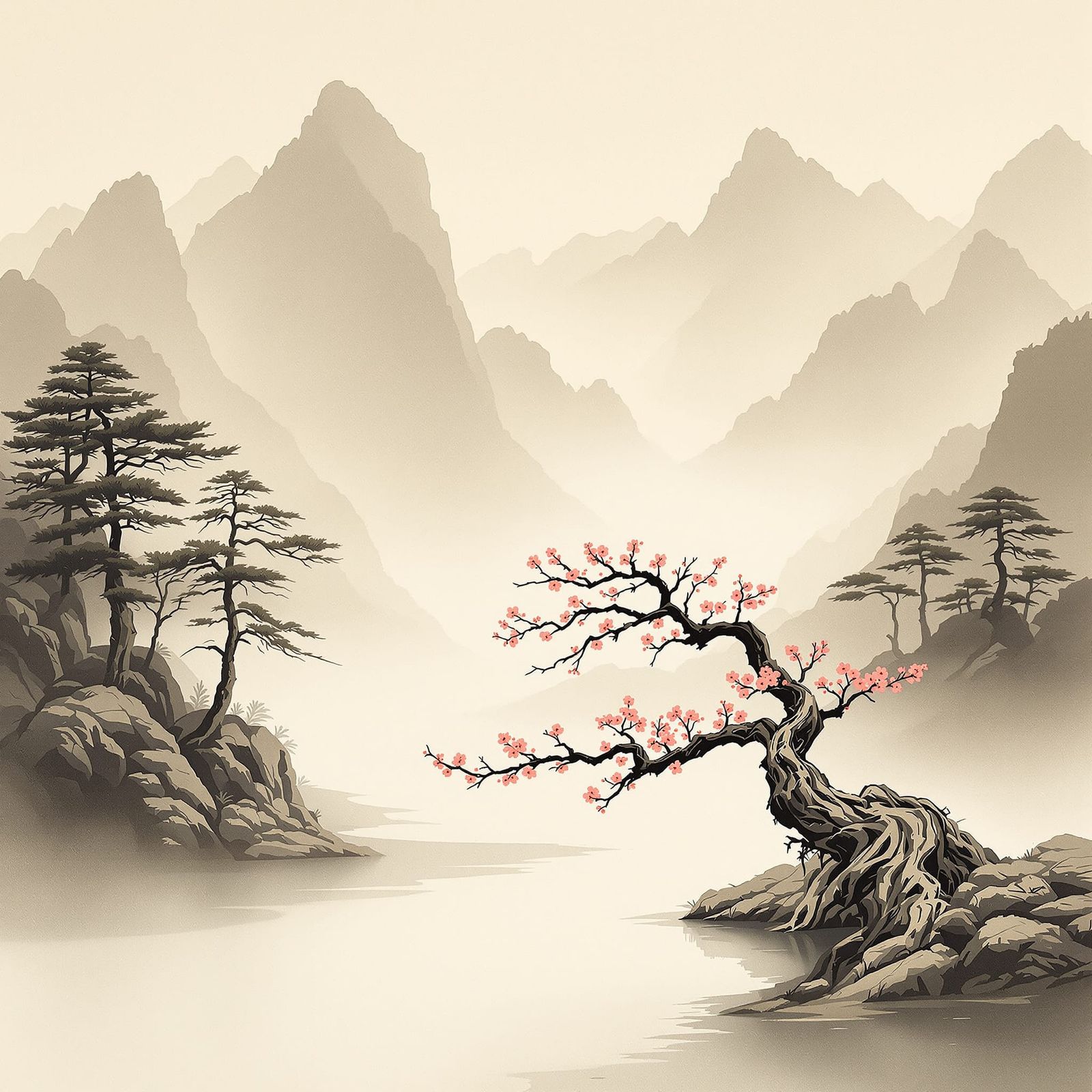 Misty Mountains & Pine Trees in Japanese Ink Wash Style