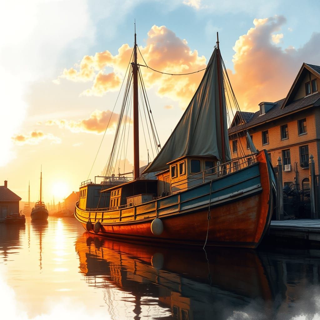 Historic River Barge in Rustic Sunset Dockyard