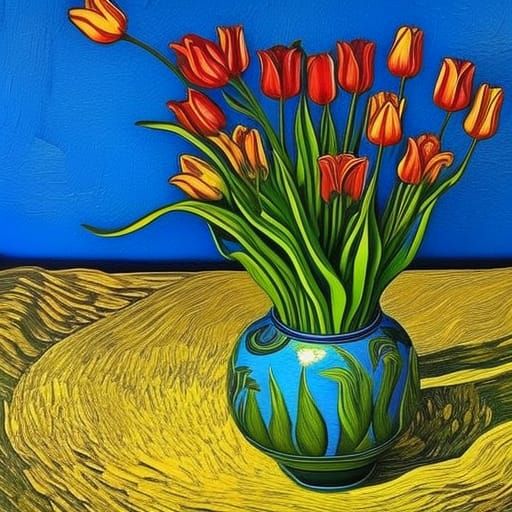 Tulips in Vase, Van Gogh-Inspired Impressionism