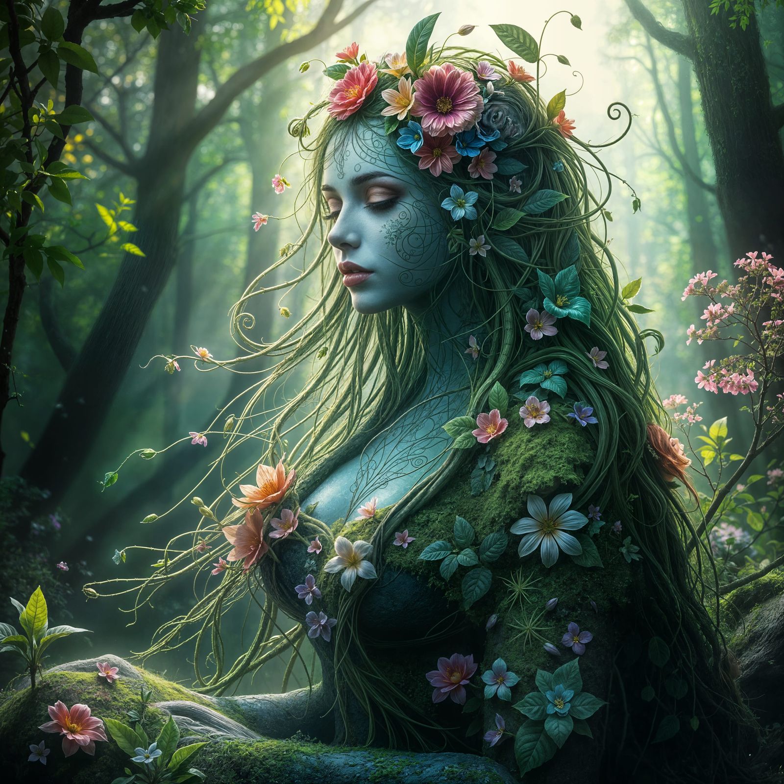 Ethereal Flora Goddess in Dreamlike Enchanted Forest