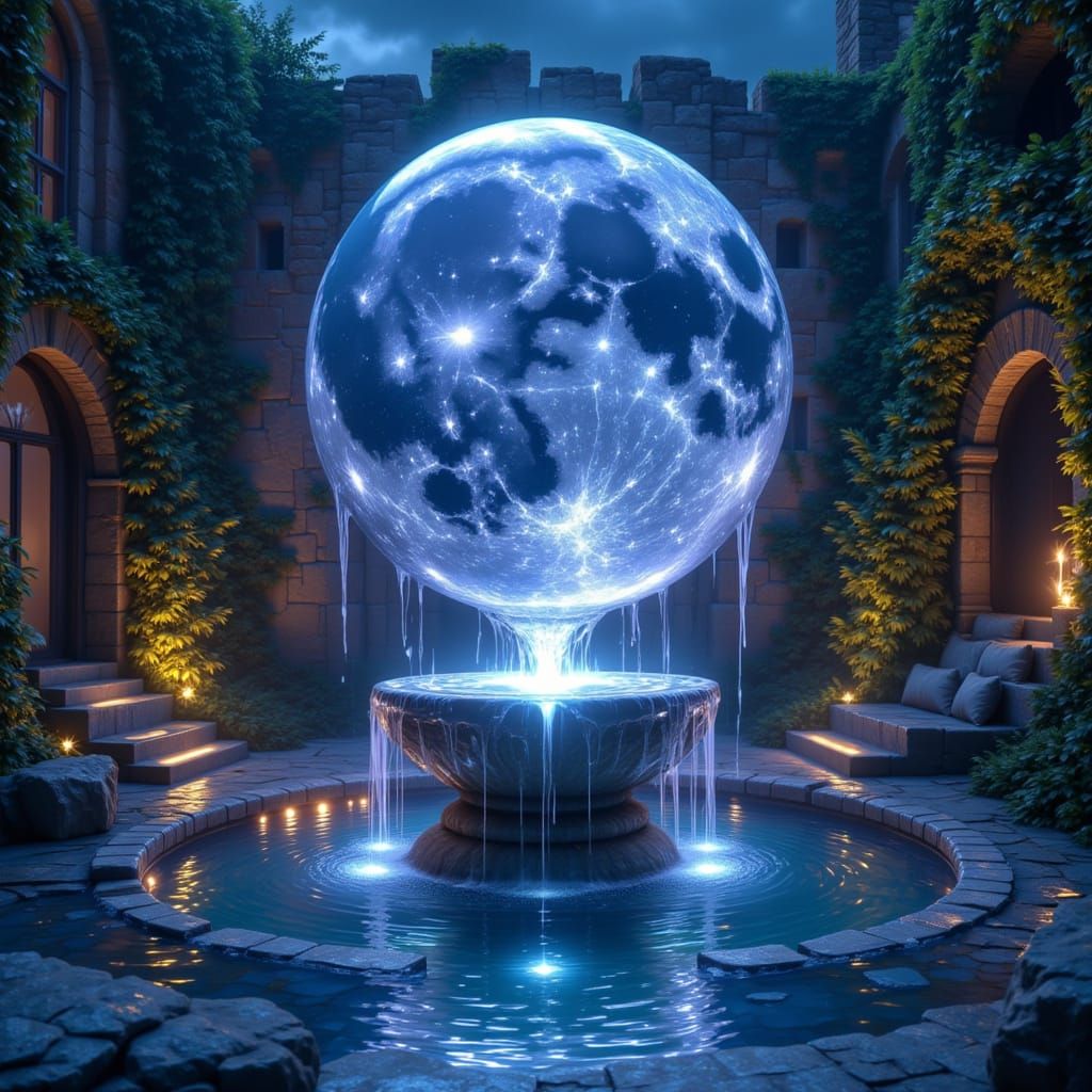 Moonlit Courtyard Fountain with Liquid Starlight