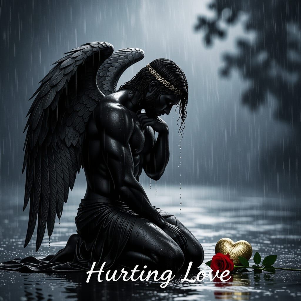 Black Angel in Rain with Rose and Heart