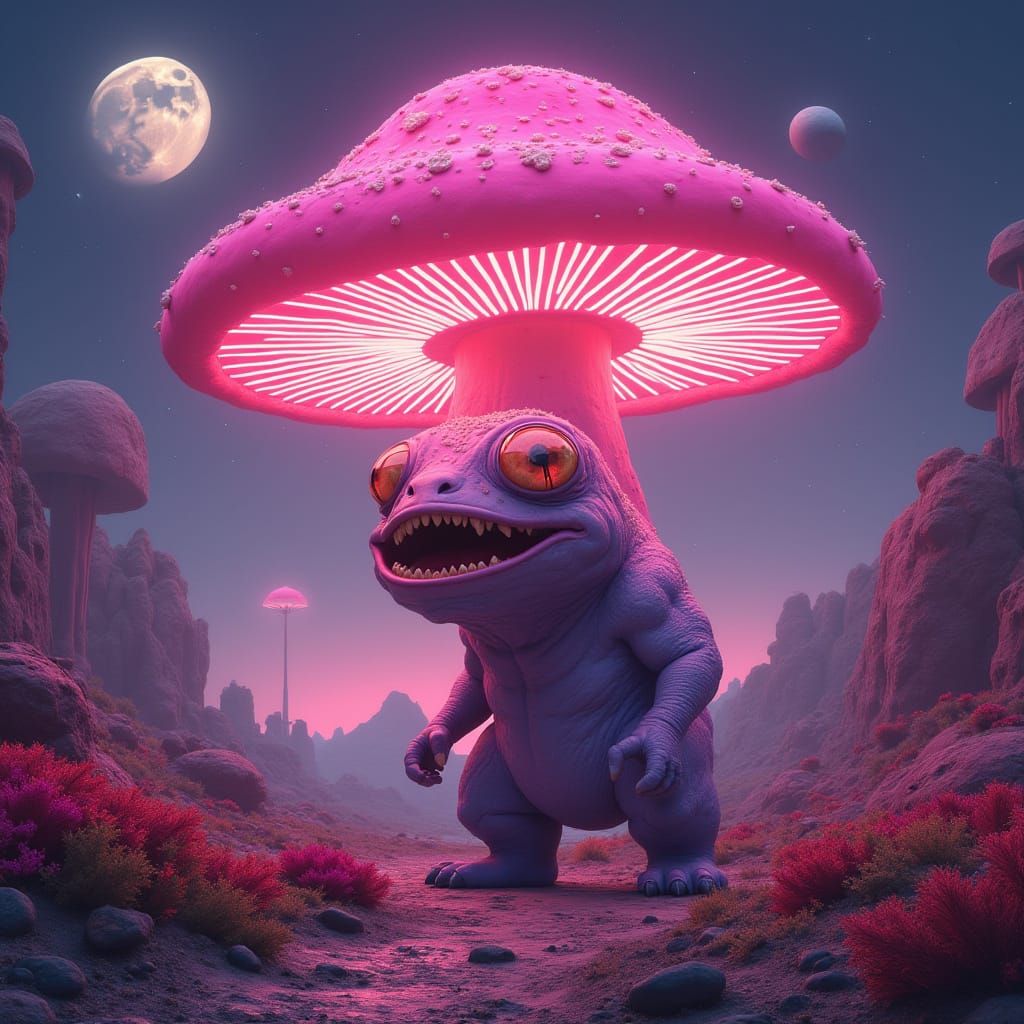 Alien World: Bioluminescent Flora and Giant Mushrooms