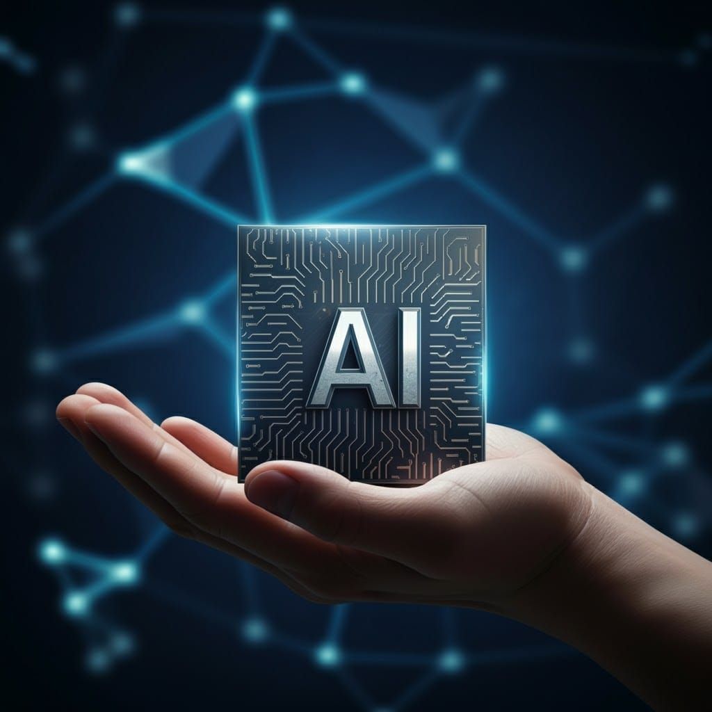 Human Hand Cradles Shining AI Letters in Photorealistic Deta...