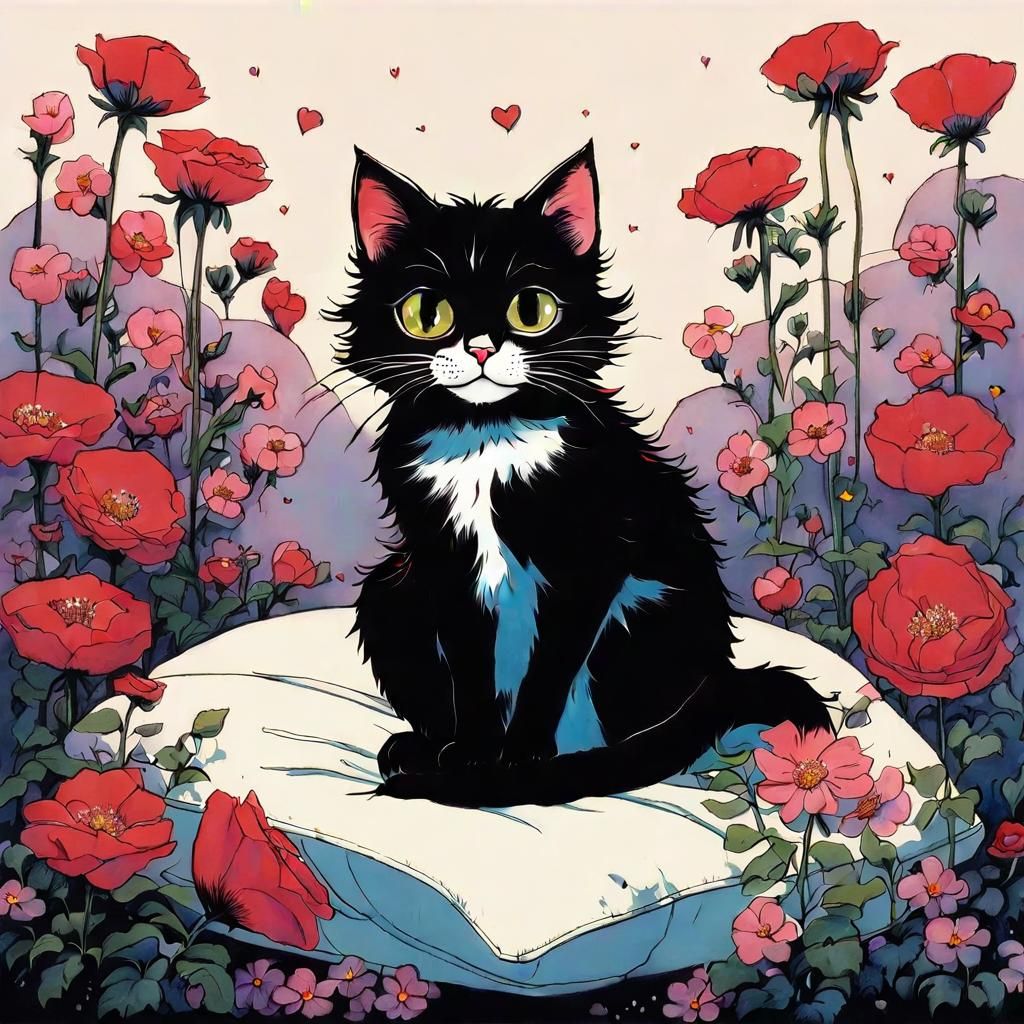 Cute Cat with Flowers in Jamie Hewlett Style