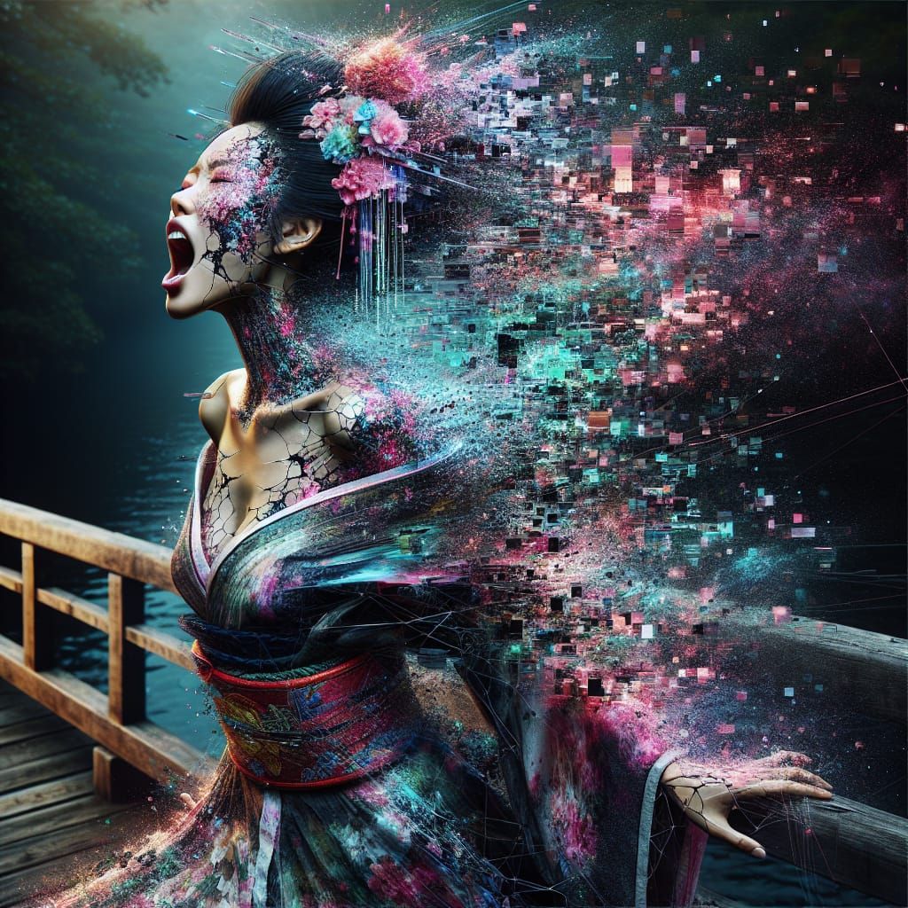 Futuristic Cyborg Geisha Glitch Art Portrait