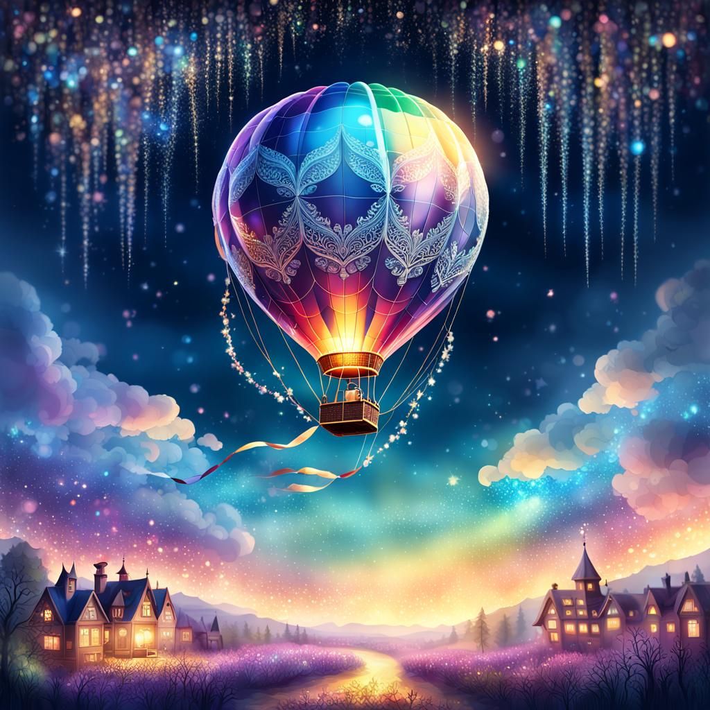 Magical Iridescent Hot Air Balloon in Fantasy Landscape