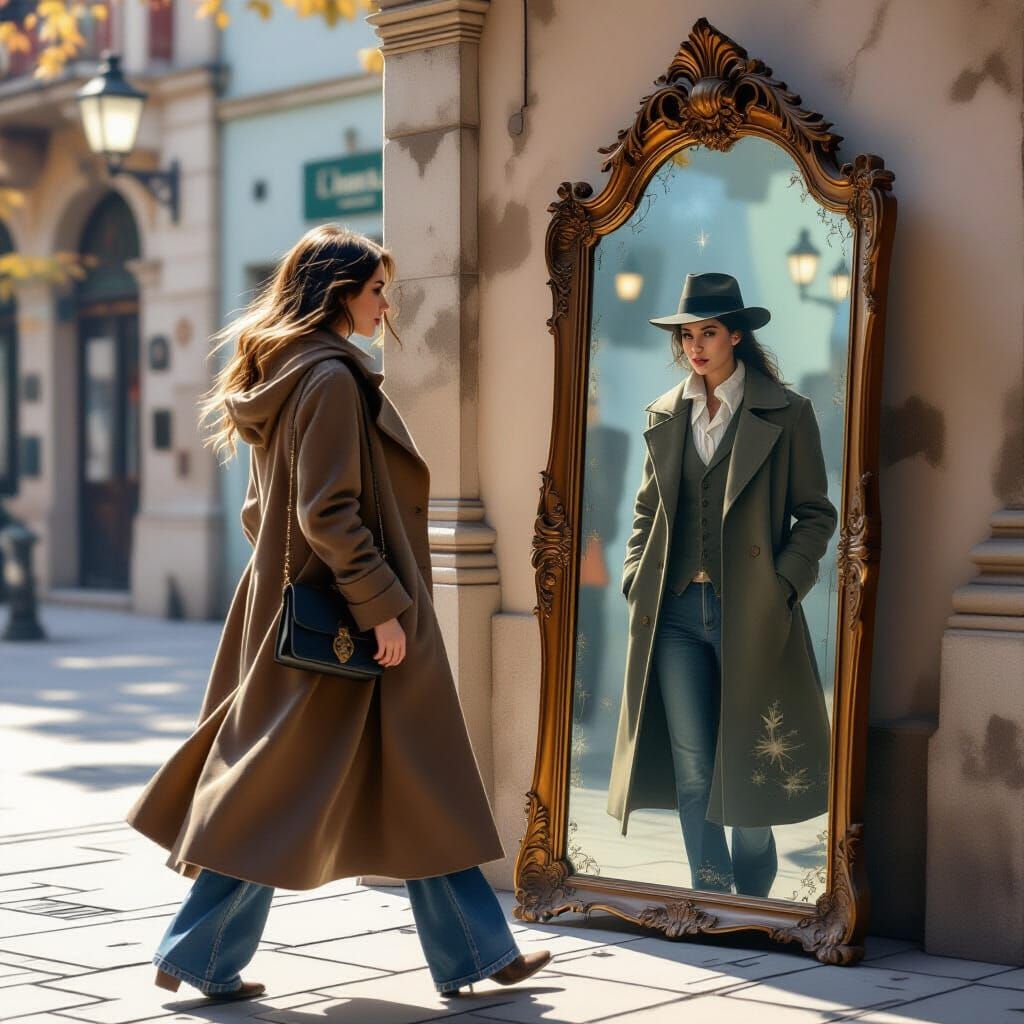 Woman Sees Stranger in Mirror, Whimsical Art Style
