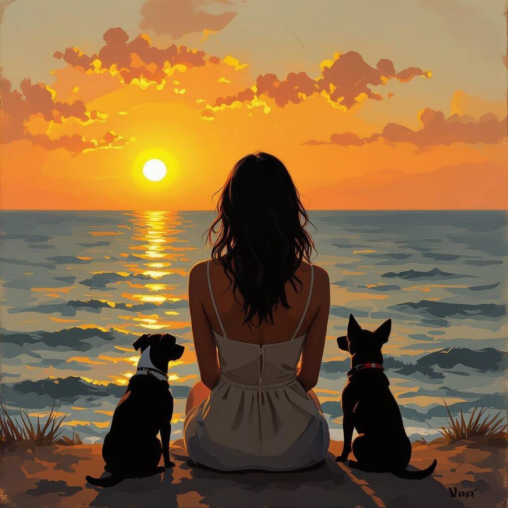 Woman and Dog Watching Sunset: Impressionistic Seascape