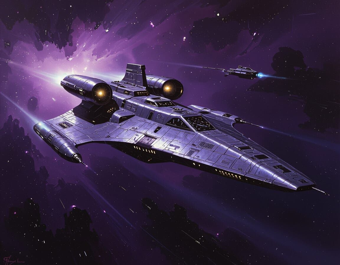 Shark-Inspired Starship Cruises Through Nebula in Retro Sci-...