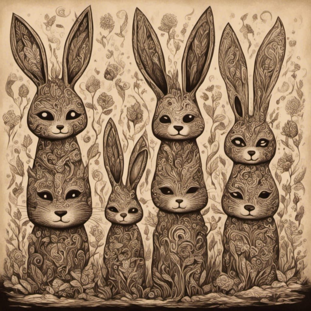 Surreal Pagan Bunny Totem in Tribal Tattoo Style